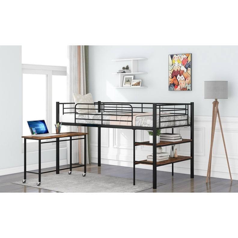 Twin Size Metal Loft Bed with Desk and Shelves S7866