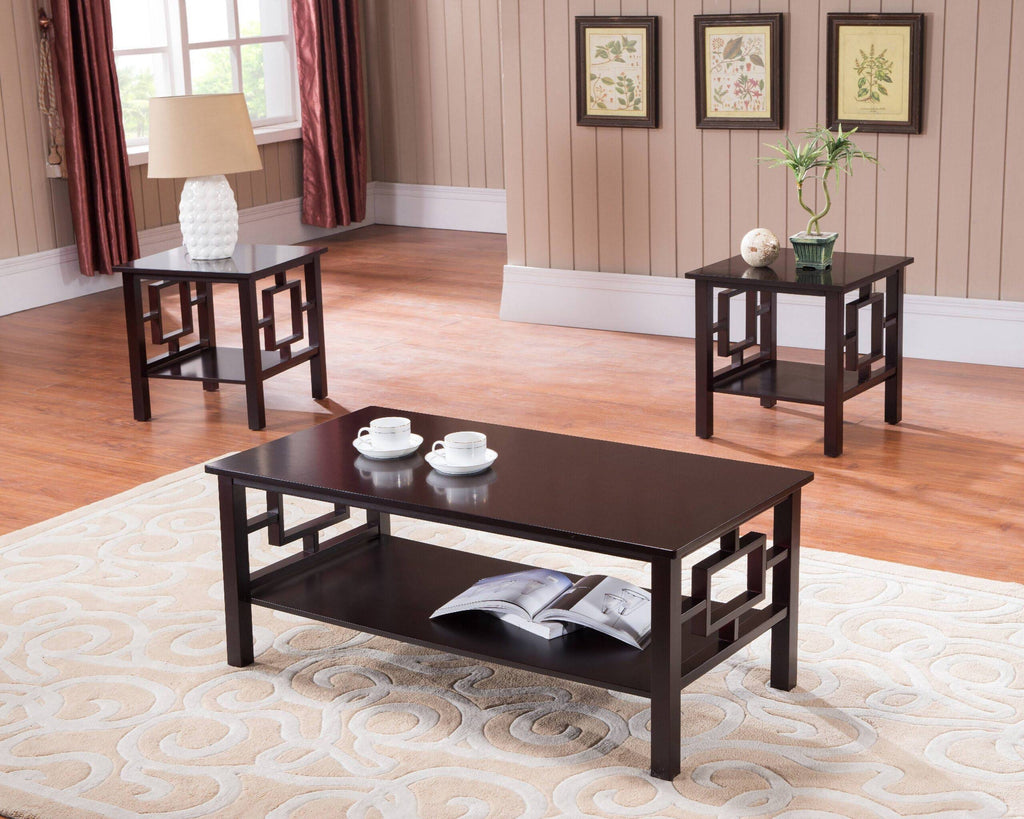 3 Piece Dark Cherry Wood Coffee and End Tables Set with Storage Shelf W117089