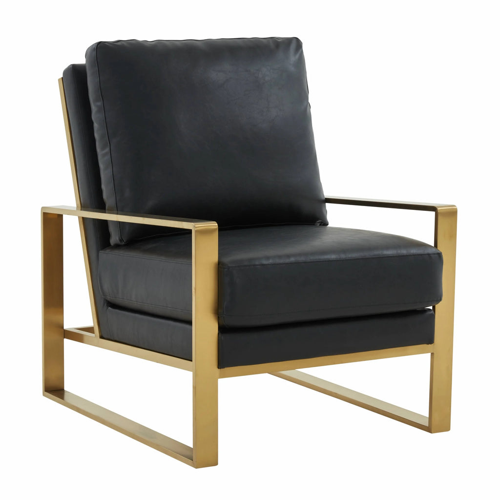 Black Leather Arm Chair Set of 2 and Octagonal Coffee Table with Gold Geometric Base T906
