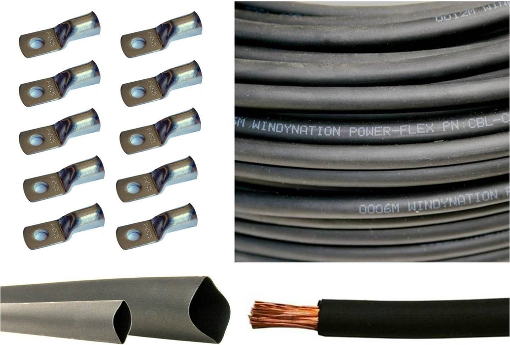 6 Gauge 25 Feet Red + 25 Feet Black Pure Copper Flexible Cable with 10pcs 3/8" Tinned Copper Cable Lug Terminals and 3 Feet Heat Shrink Tubing X585