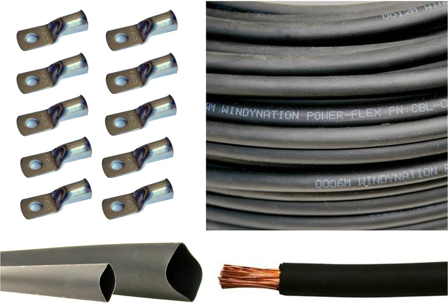 6 Gauge 25 Feet Red + 25 Feet Black Pure Copper Flexible Cable with 10pcs 3/8" Tinned Copper Cable Lug Terminals and 3 Feet Heat Shrink Tubing X585