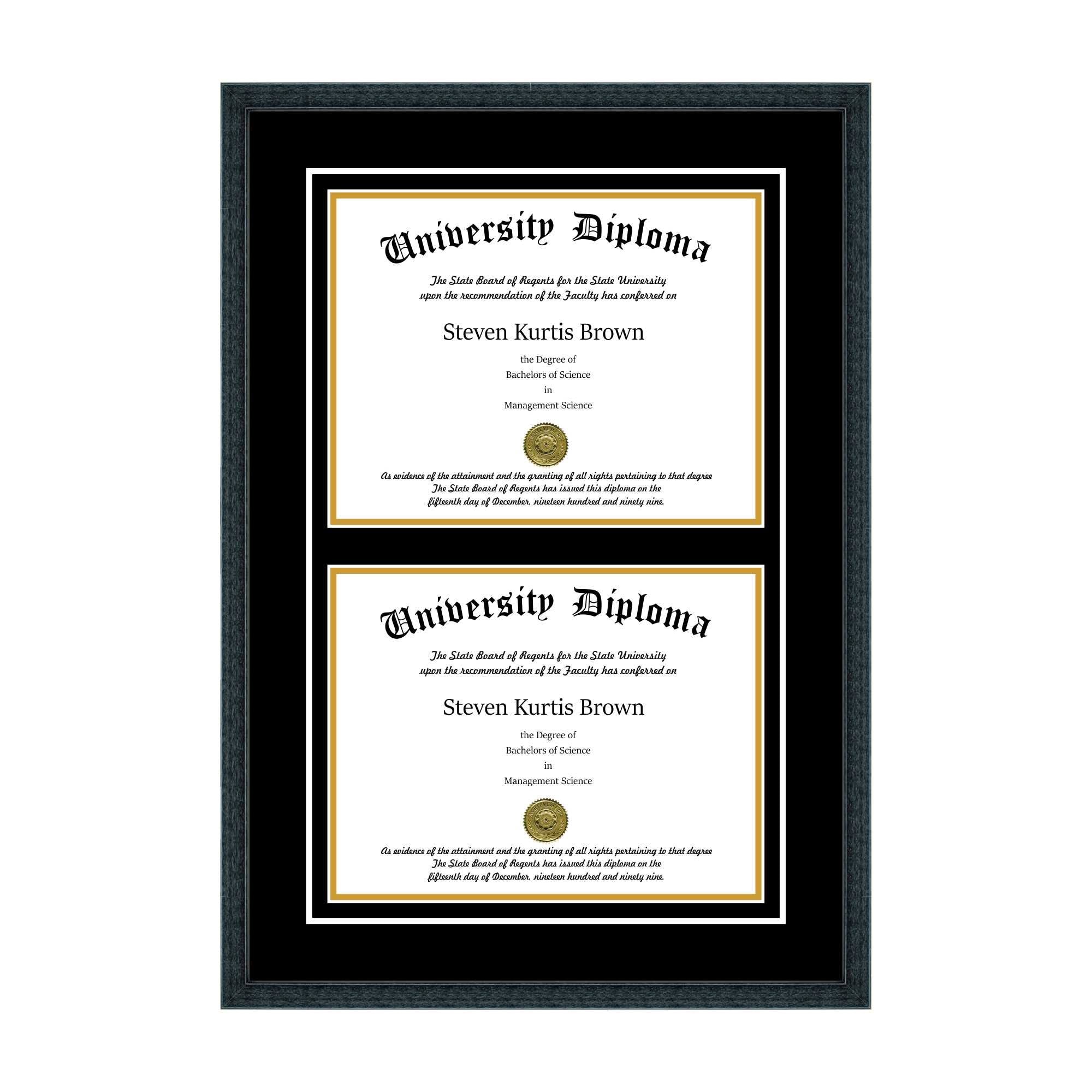 Double Diploma Frame with Double Matting for 17 x 14 Tall Diploma with Black 3/4 Frame L5343