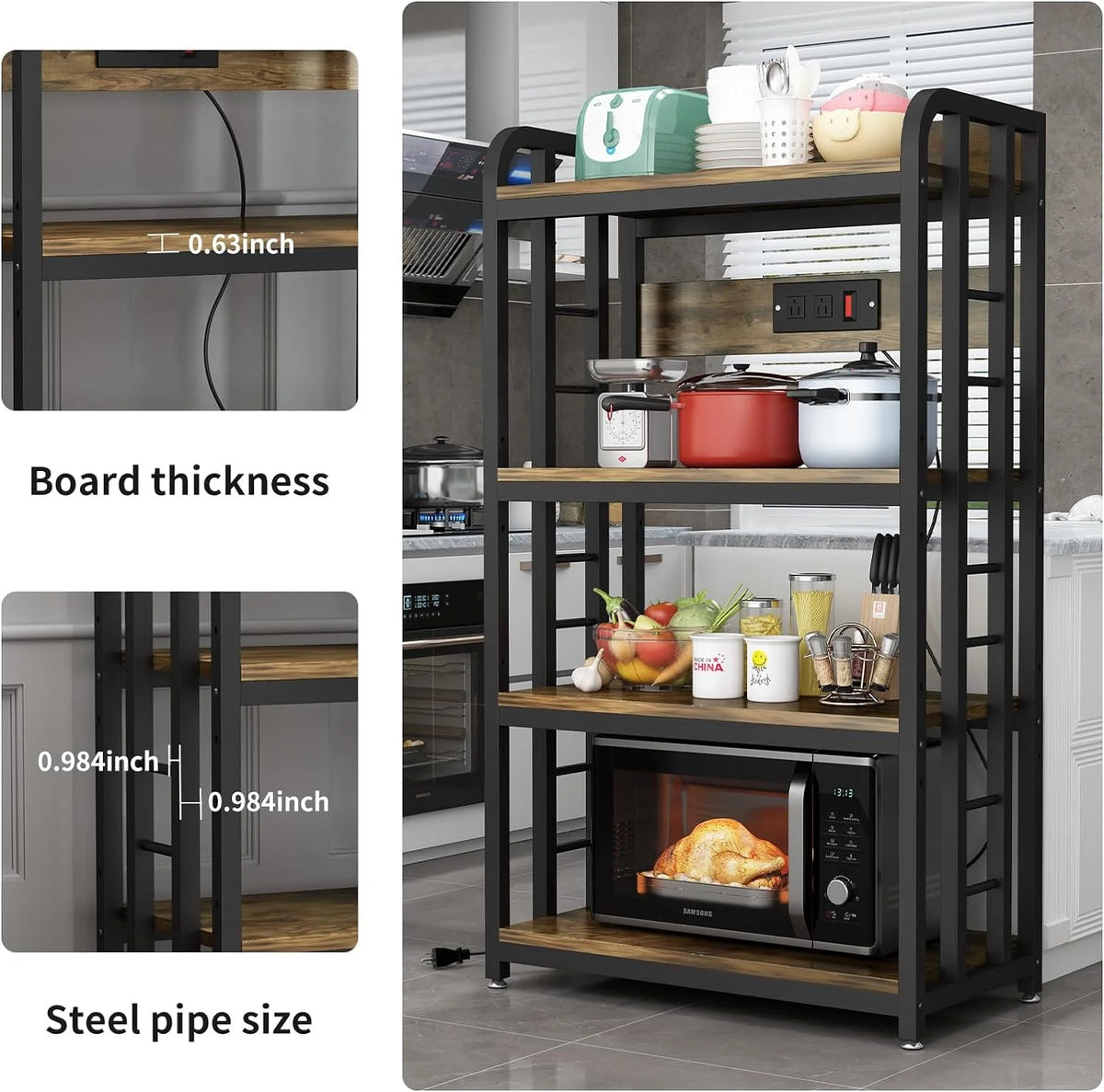 Rustic Brown 4-Tier Kitchen Baker's Rack with Power Outlet A84672
