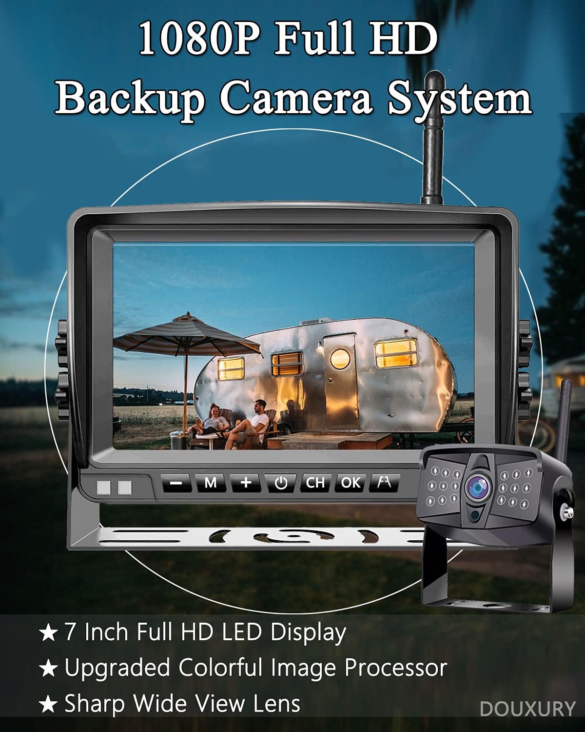 Wireless 1080P RV Backup Camera with 7'' DVR 4 Split Screen Monitor J684