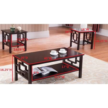 3 Piece Dark Cherry Wood Coffee and End Tables Set with Storage Shelf W117089