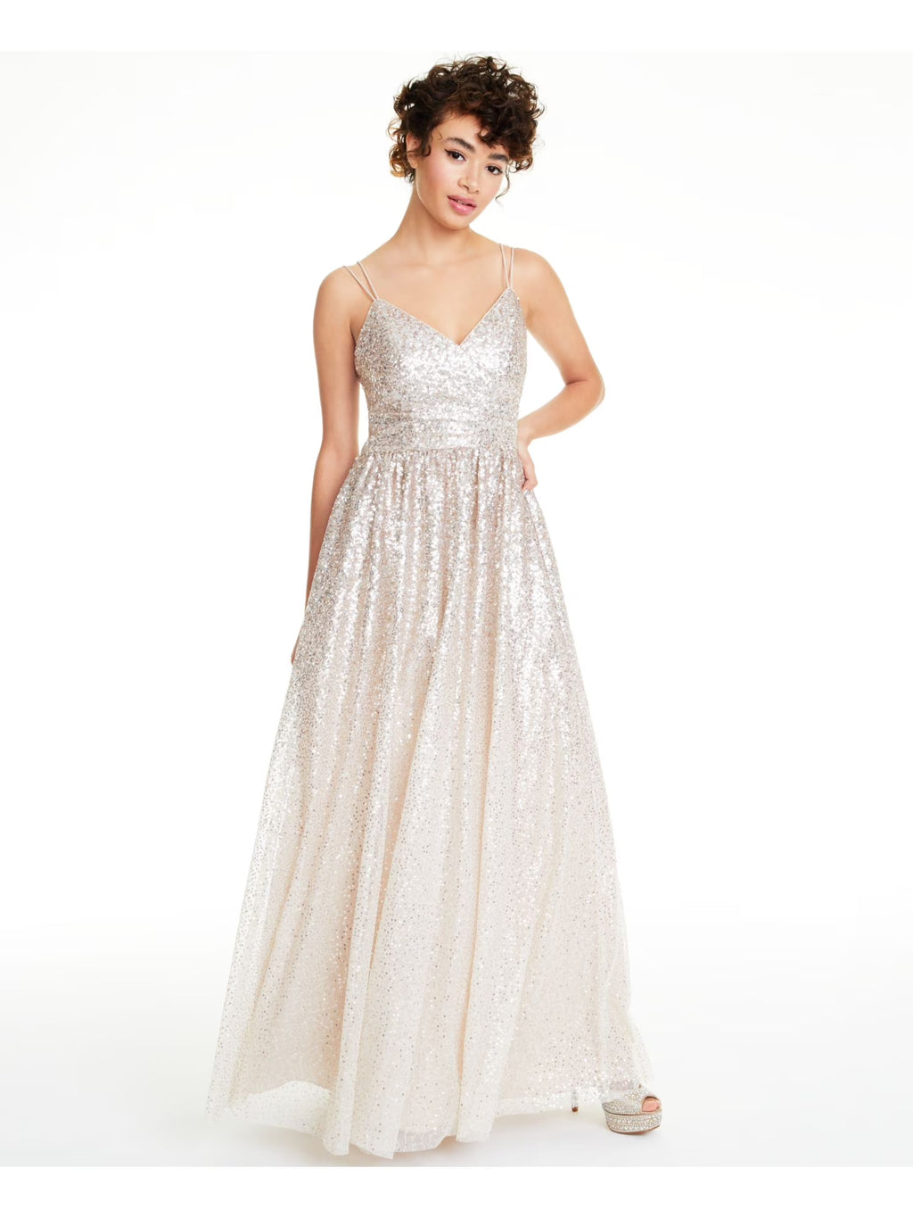 Beige Sequined Spaghetti Strap Evening Dress D24871