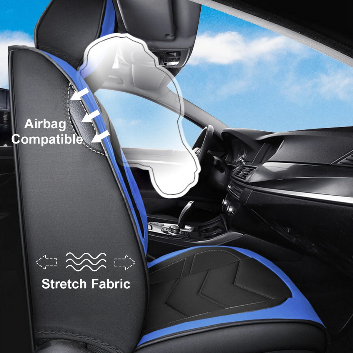 Black Blue Waterproof PU Leather 5 Seats Car Seat Covers Full Set R61925