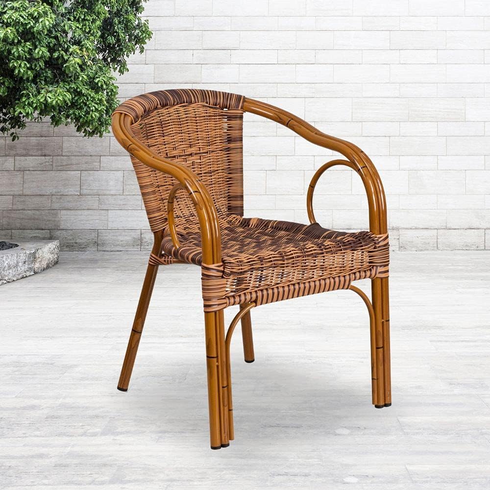 Dark Red Bamboo-Aluminum Indoor-Outdoor Restaurant-Patio Chair with Brown Rattan A51511