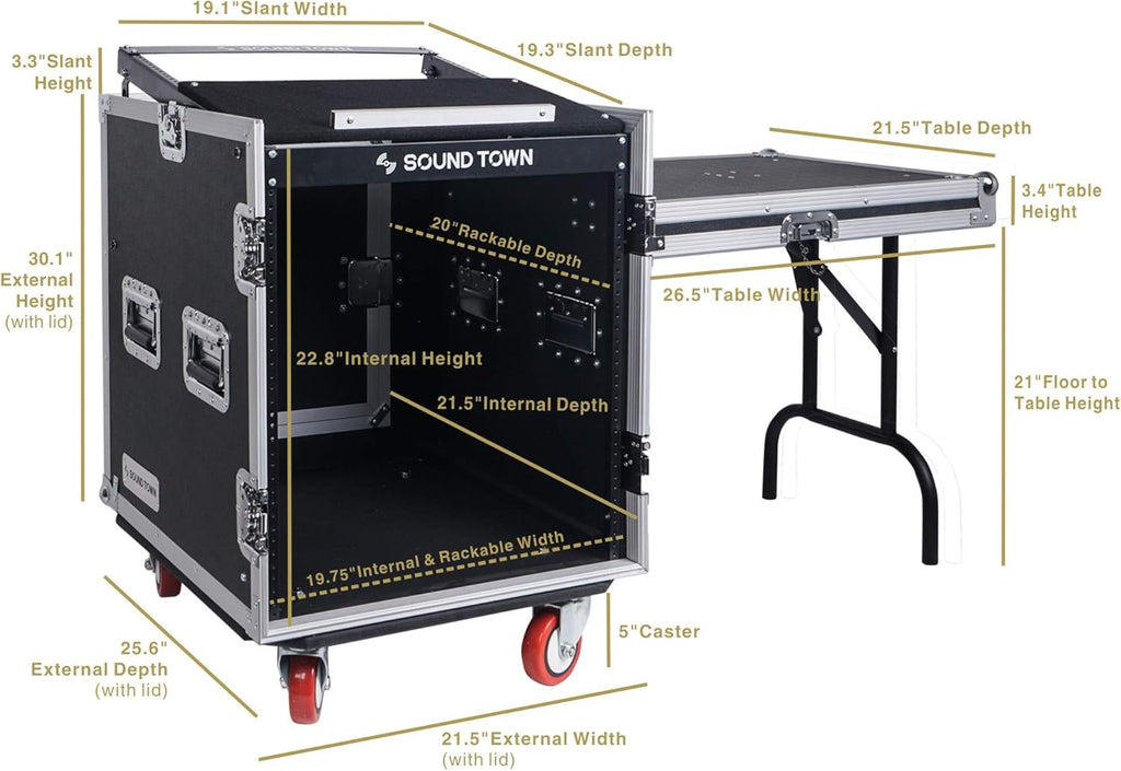 12U PA DJ Rack Case with Slant Mixer Top and Casters W445