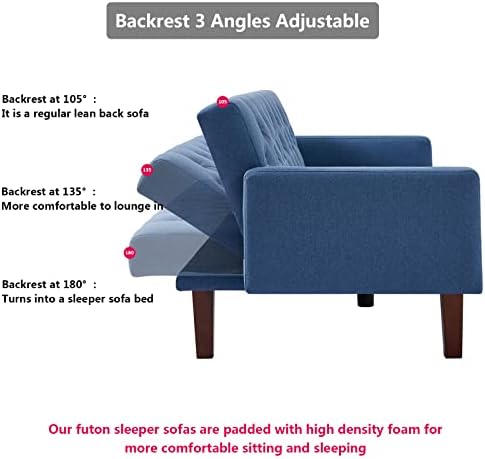 Blue Tufted Linen Convertible Futon Sofa Bed Twin Size with Solid Wood Legs H20292
