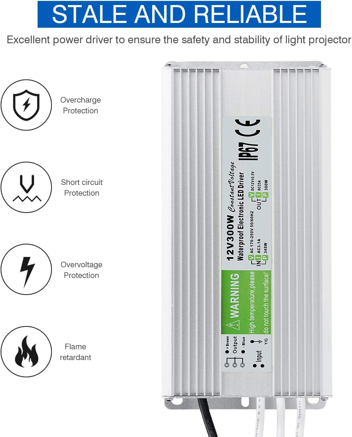 5 Pack Waterproof IP67 LED Power Supply Driver Transformer 300W 110V AC to 12V DC Low Voltage Output with 3-Prong Plug 3.3 Feet Cable J292850