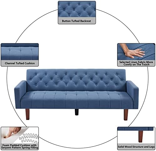 Blue Tufted Linen Convertible Futon Sofa Bed Twin Size with Solid Wood Legs H20292