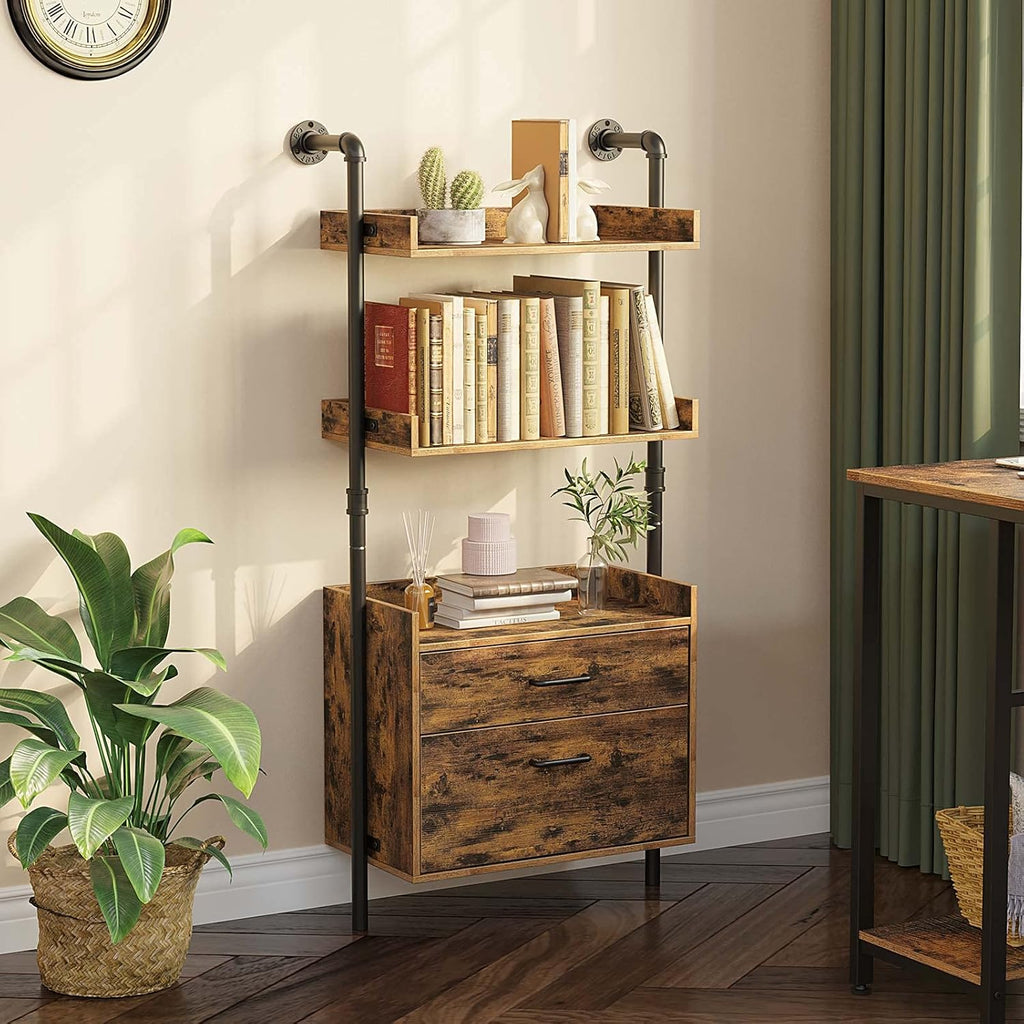 Industrial Bookshelf with 2 Wood Drawers, Wall Mounted 3-Tier Bookcase, Rustic Brown Z360