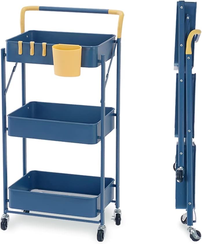 Blue Yellow 3-Tier Metal Rolling Utility Cart with Lockable Caster Wheels Q71144