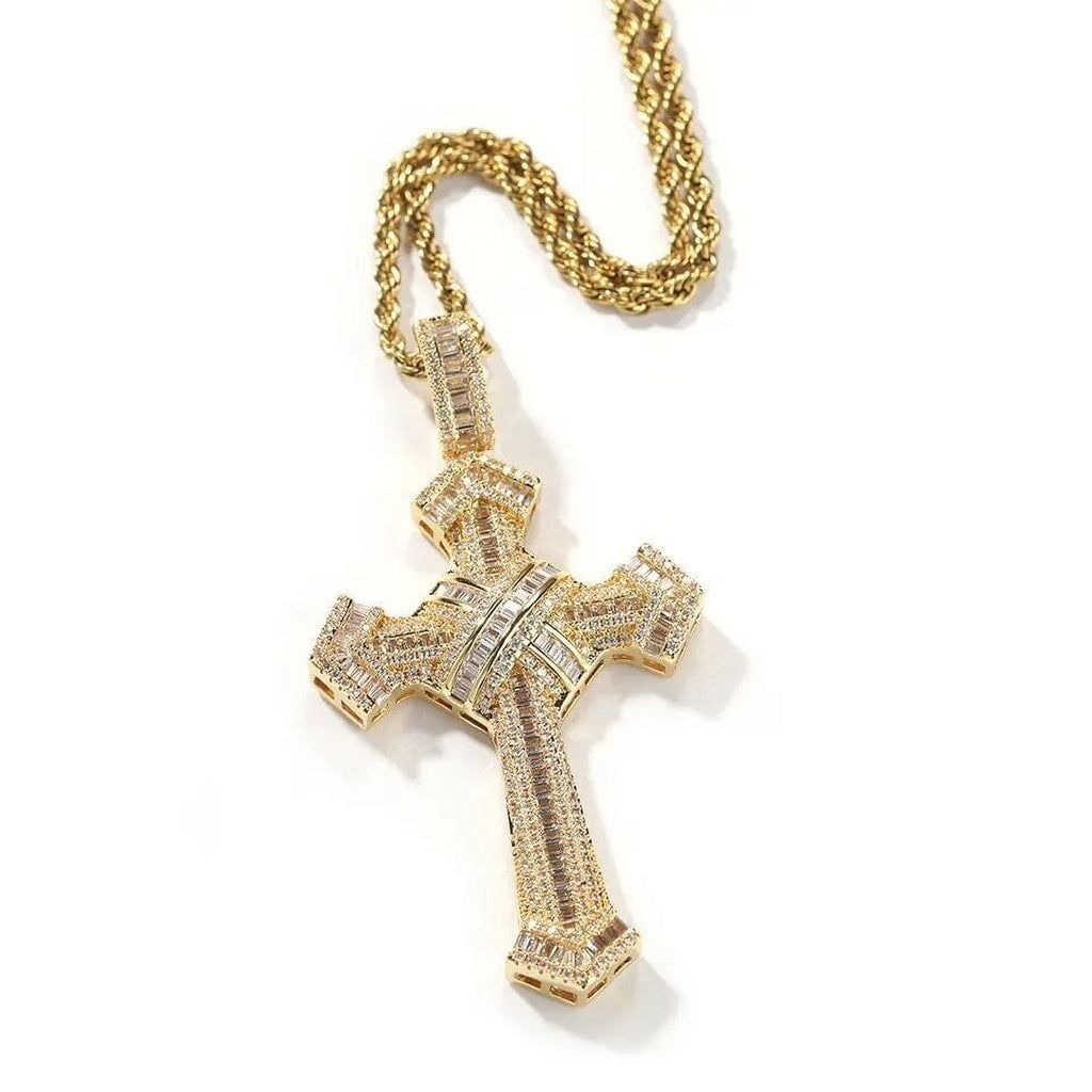 14K Gold Simulated Diamond Cross Pendant Necklace U8369