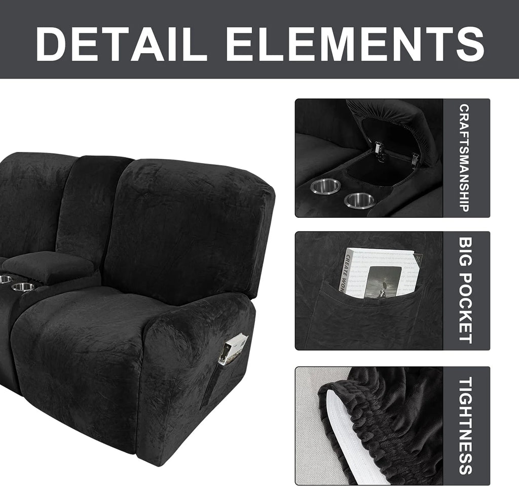 8 Pieces Velvet Reclining Love Seat Slipcover with Cup Holders L1560