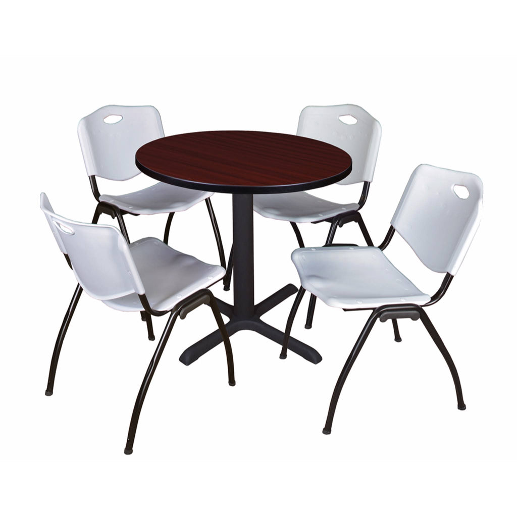 30x22 Round Breakroom Table Mahogany 4 Stack Chairs Blue L10373