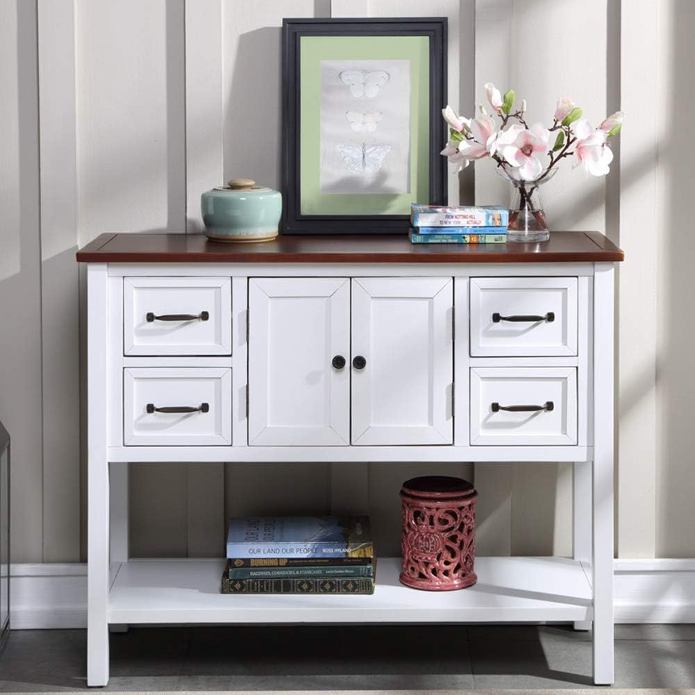 White & Brown Wood Console Table with Drawers & Open Shelf V76855