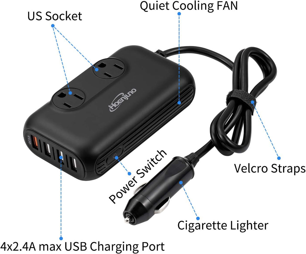 200W Car Power Inverter DC 12V to 110V AC with USB and QC 3.0 Ports J1911