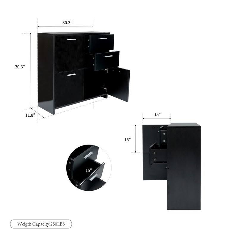 Black Wood Finish Storage Cabinet with 2 Drawers and 3 Side Cabinet J371345