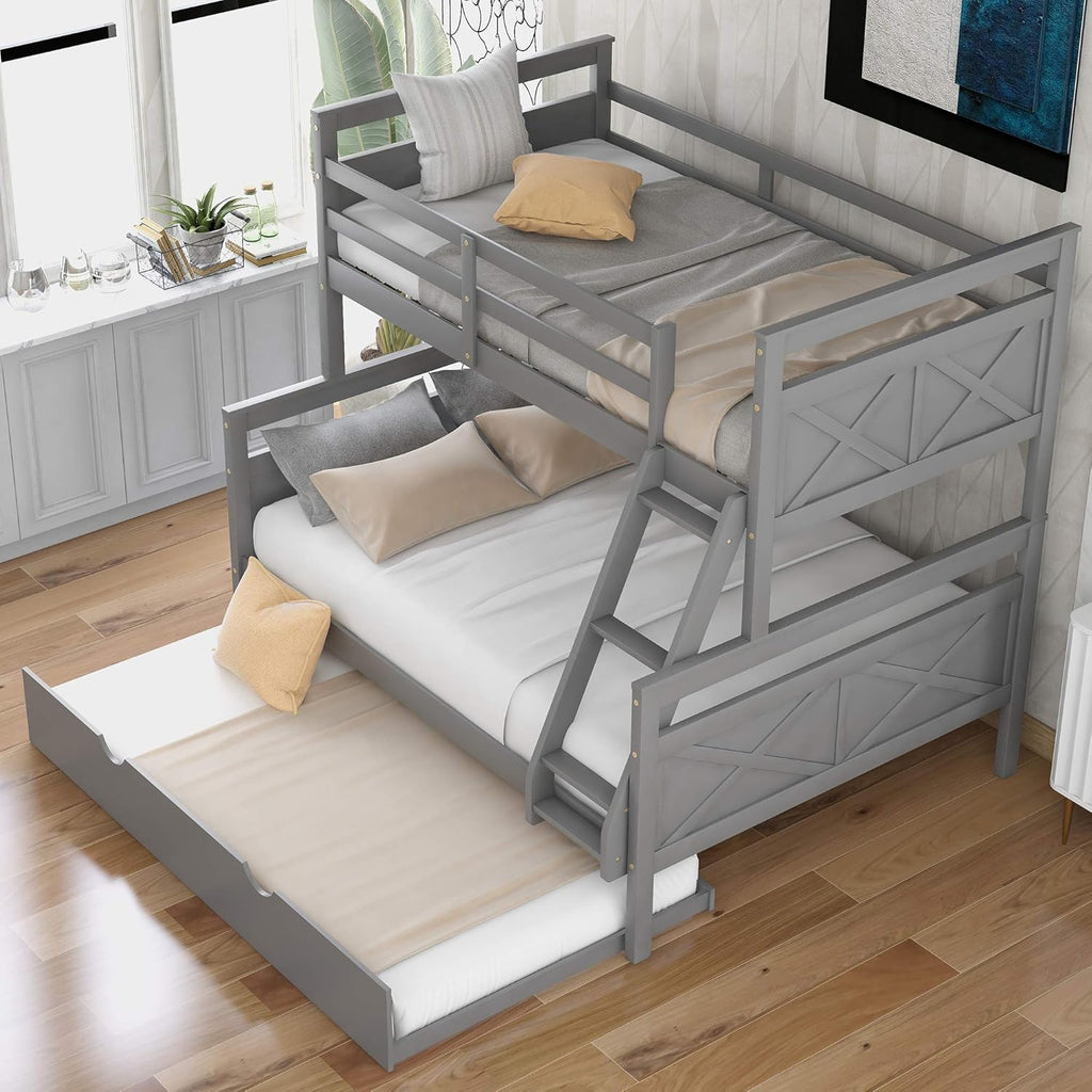 White Wood Triple Bunk Bed with Slide and Ladder P868