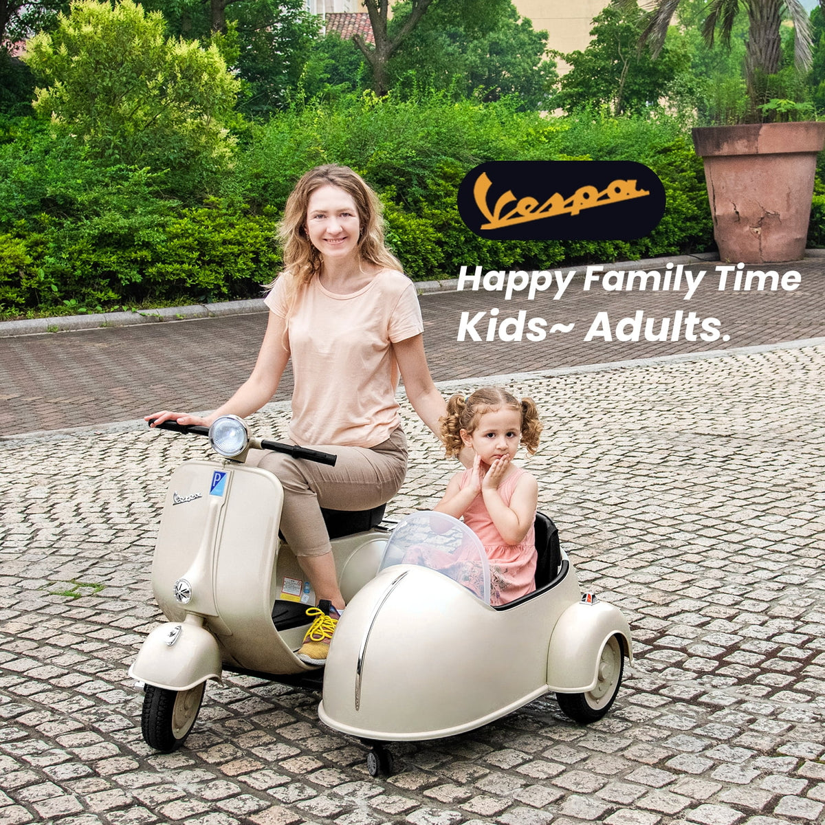 12V Licensed Vespa Ride on Motorcycle with Side Car, 2-Seater Electric Car for Kids, Grey J684