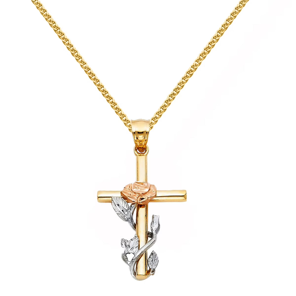 14K Tri-Tone Gold Floral Cross Pendant with 18" Chain Necklace H6319