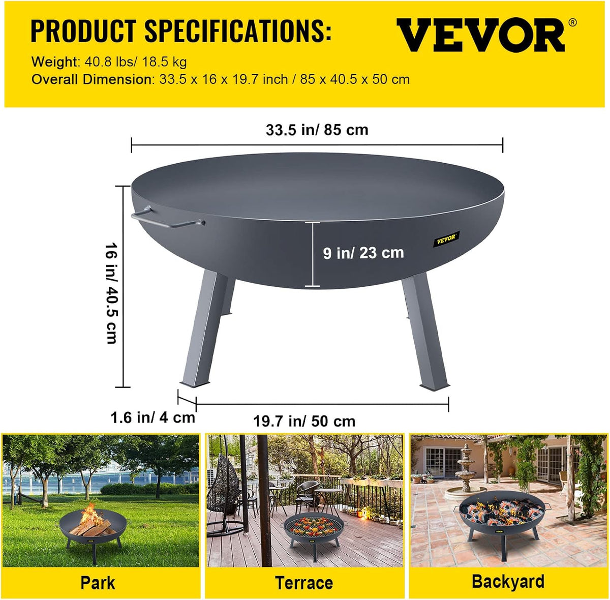34-Inch Round Carbon Steel Fire Pit Bowl with Drain Hole and Handles B702747