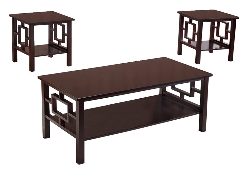 3 Piece Dark Cherry Wood Coffee and End Tables Set with Storage Shelf W117089