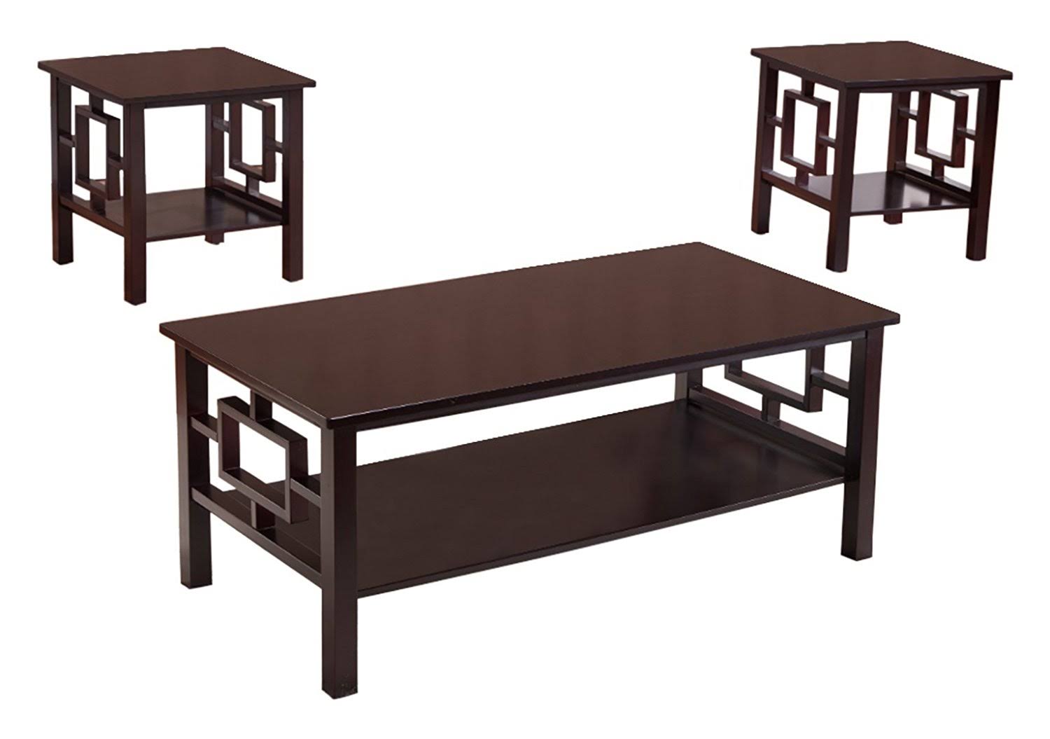 3 Piece Dark Cherry Wood Coffee and End Tables Set with Storage Shelf W117089