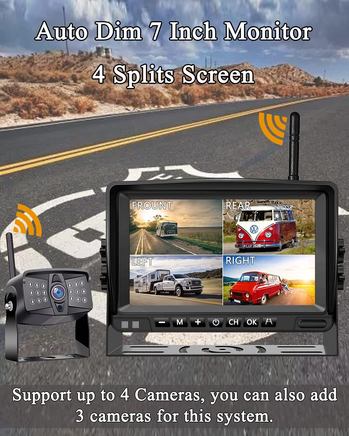 Wireless 1080P RV Backup Camera with 7'' DVR 4 Split Screen Monitor J684