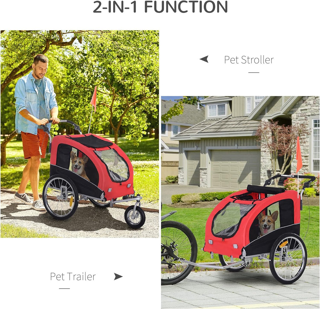 Red Dog Bike Trailer Pet Stroller With Canopy And Storage Pockets W867