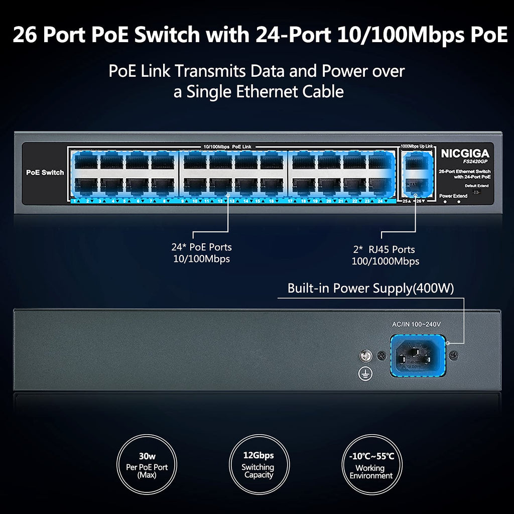 26 Port PoE Switch with 24 Ports 10/100Mbps PoE+@400W, 2 Gigabit Uplink Ports, VLAN Mode, Metal Case, Rack Mount T525579