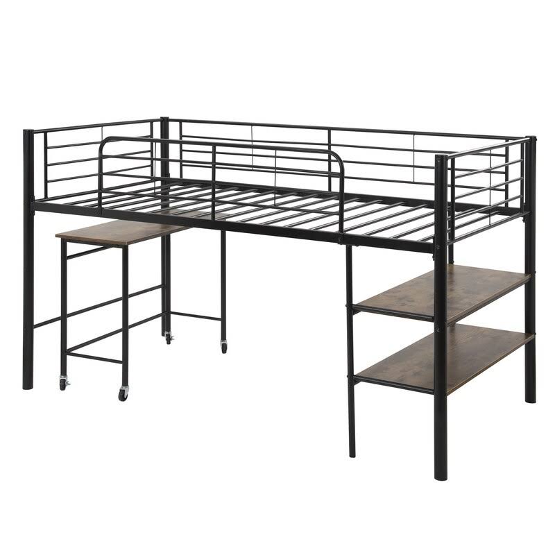 Twin Size Metal Loft Bed with Desk and Shelves S7866