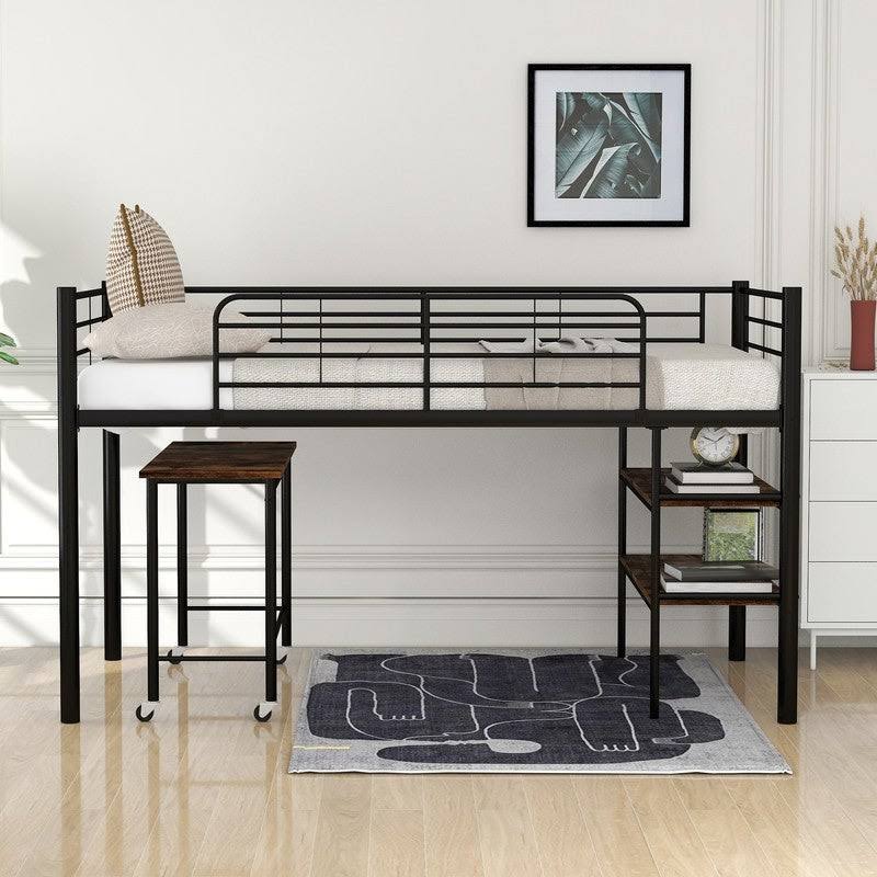 Twin Size Metal Loft Bed with Desk and Shelves S7866