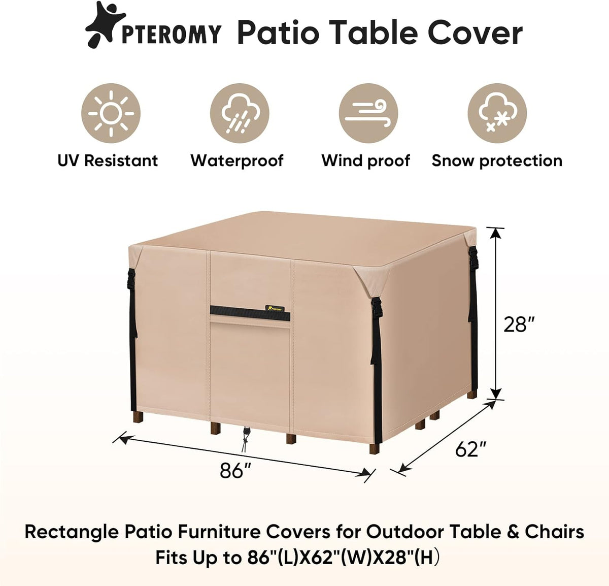 Waterproof 600D Canvas Patio Table Cover (Khaki, 86''x 62'') R317407