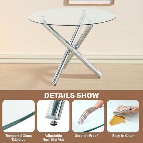 47'' Round Glass Dining Table Set for 4 with Clear Acrylic Chair P957