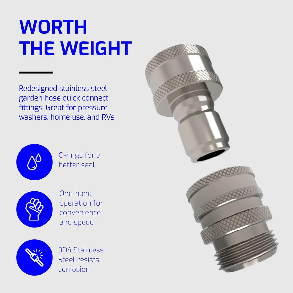 3/4 Inch Stainless Steel Quick Connect Hose Fittings Set (4X4 Plug/Coupler Set) Pack of 2 A496