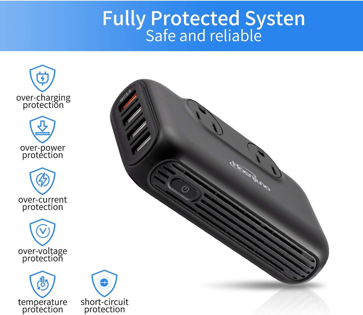 200W Car Power Inverter DC 12V to 110V AC with USB and QC 3.0 Ports J1911