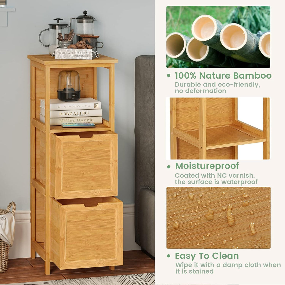 Bamboo Freestanding Corner Cabinet with 2 Removable Drawers and 3 Shelves Y538994