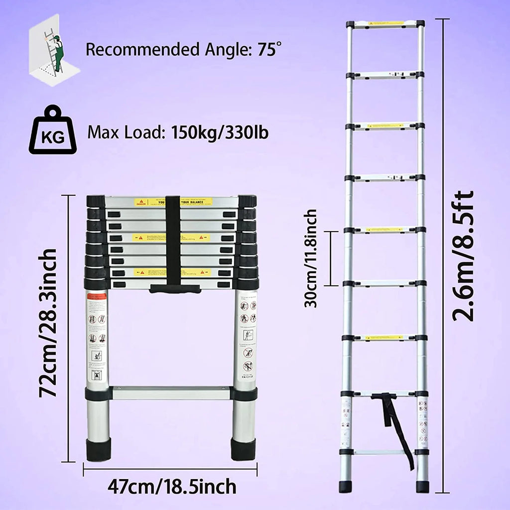 8.5ft Aluminum Telescoping Ladder 9 Steps Non-Slip S774895