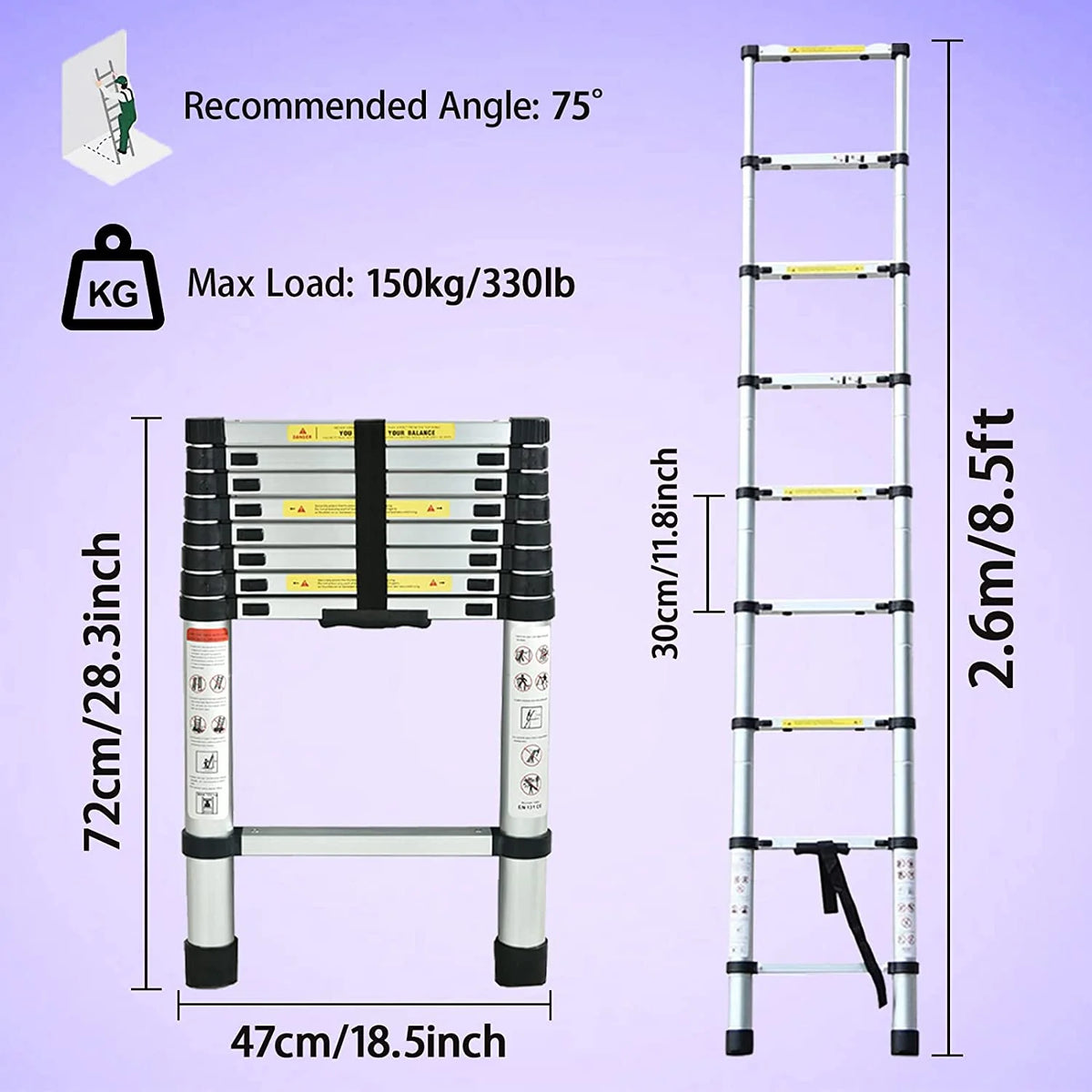 8.5ft Aluminum Telescoping Ladder 9 Steps Non-Slip S774895