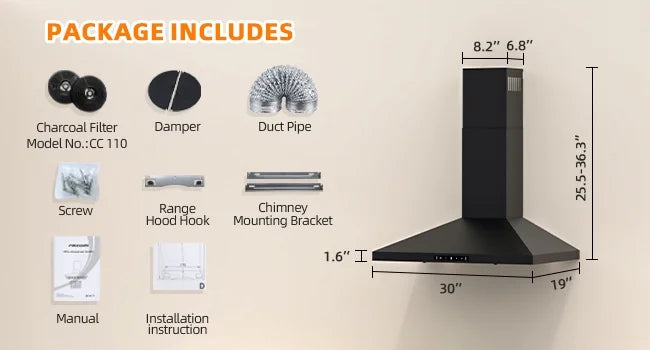 Stainless Steel Wall Mount Range Hood 30 Inch 600 CFM 3 Speed Ducted Ductless Convertible A68383