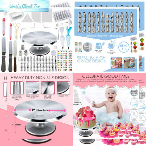 78 Piece Cake Decorating Supplies Kit with Aluminium Rotating Turntable Stand F359