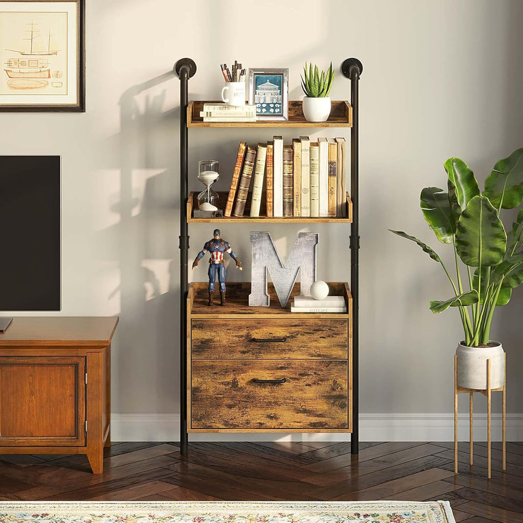 Industrial Bookshelf with 2 Wood Drawers, Wall Mounted 3-Tier Bookcase, Rustic Brown Z360