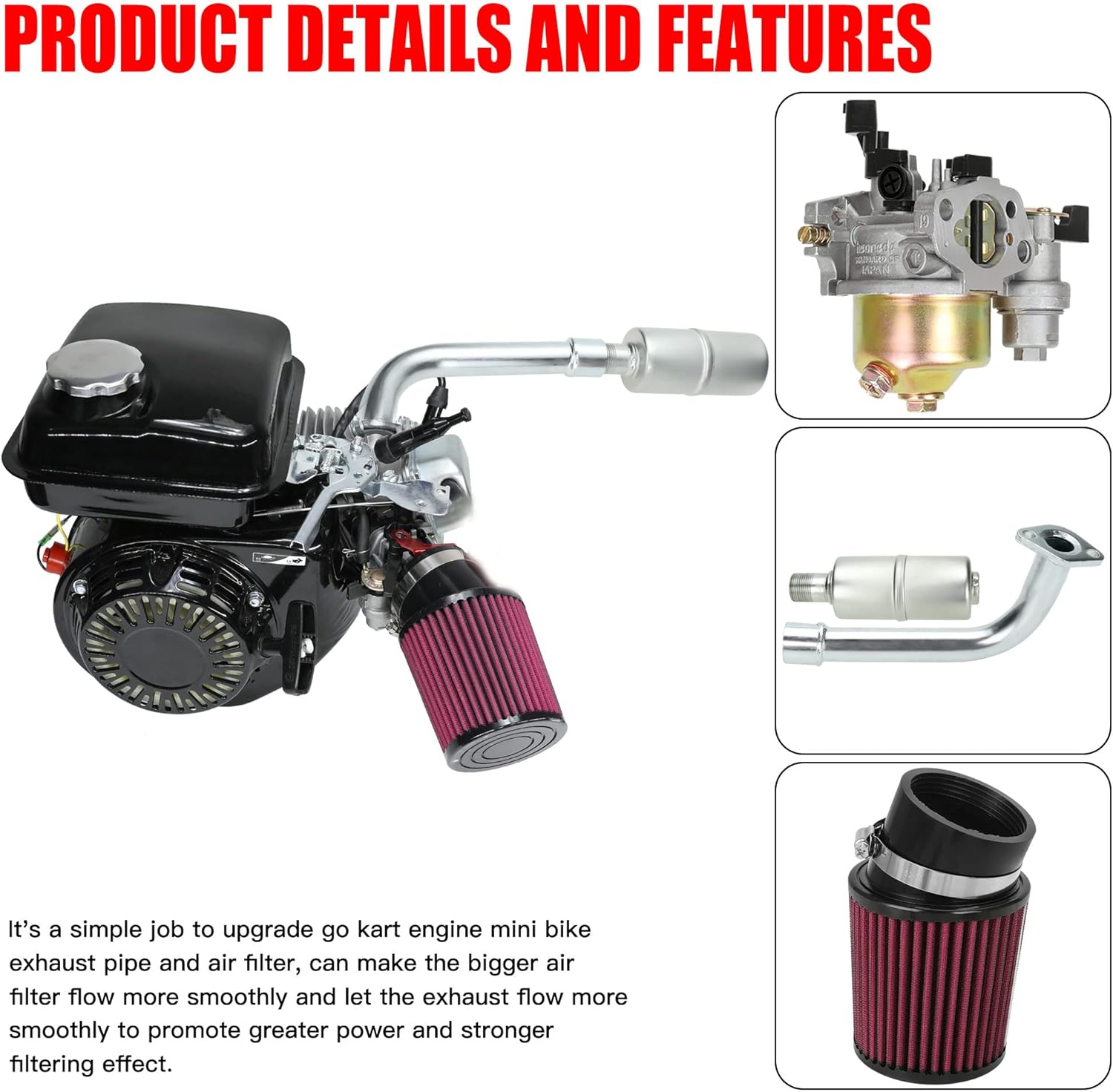 Upgrade Carburetor Air Filter Adapter Exhaust Pipe Muffler Jet Stage 2 Kit for Non-Hemi Predator 212cc 196cc 6.5Hp Mini Bike Go Kart Performance Parts T606374