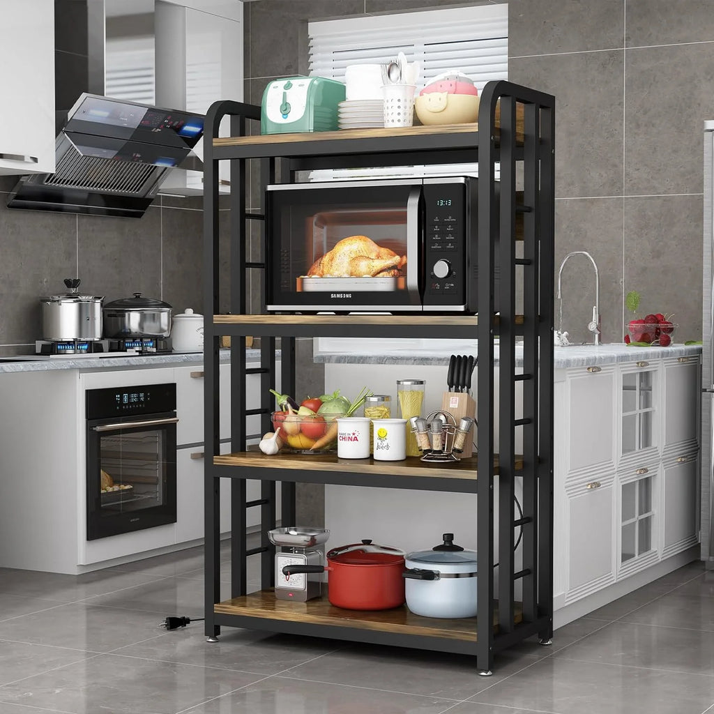 Rustic Brown 4-Tier Kitchen Baker's Rack with Power Outlet A84672