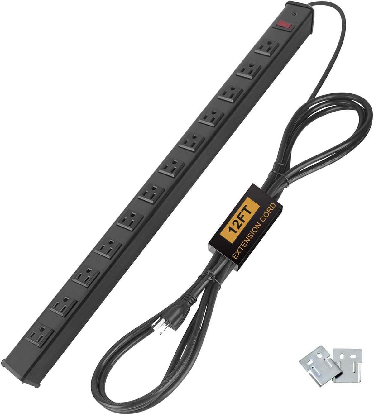 12-Outlet Heavy Duty Metal Power Strip, 12ft Cord, Black Pack of 2 R359