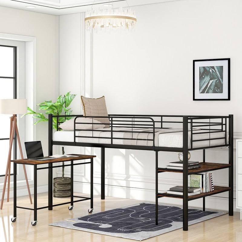 Twin Size Metal Loft Bed with Desk and Shelves S7866