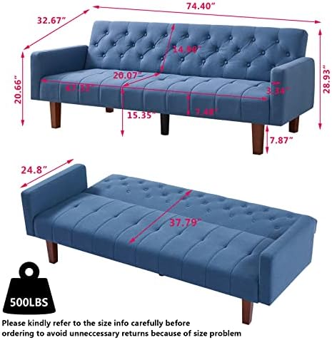 Blue Tufted Linen Convertible Futon Sofa Bed Twin Size with Solid Wood Legs H20292
